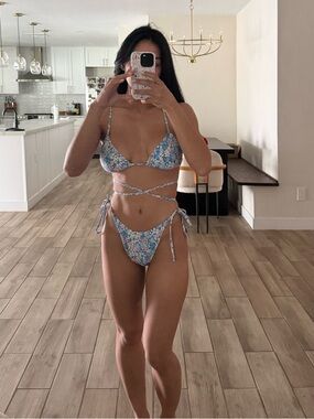 Floral Blue Tie-Strap Bikini Set